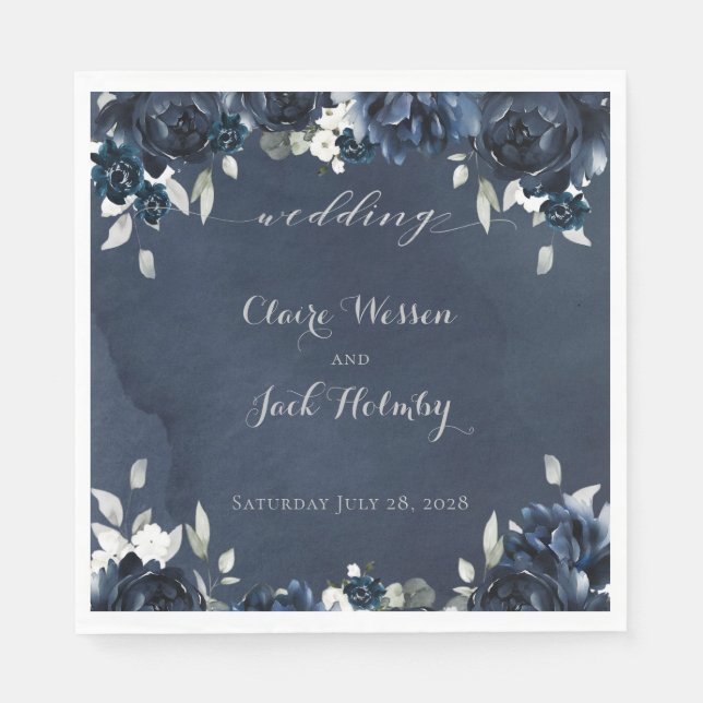 Navy Peony Wedding Square Luncheon Napkins Serviette (Vorderseite)