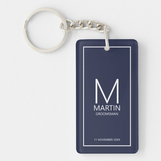 Navy Personalisiert Monogram und Name Trauzeugen Schlüsselanhänger (Vorderseite)