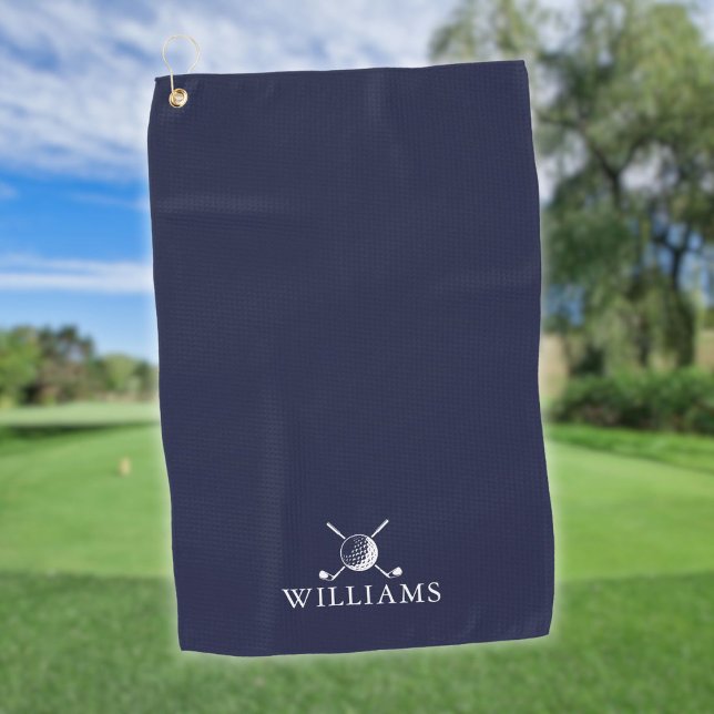 Navy Personalisiert Name Golf Ball und Clubs Golfhandtuch (Navy Blue Personalized Name Golf Ball And Clubs Golf Towel)