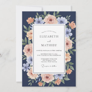Navy Pfirsichblüten-Romantik-Hochzeit Einladung