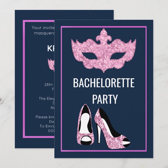 NAVY PINK BACHELORETTE HEELSES MASQUERADE PARTY EINLADUNG (Vorne/Hinten)