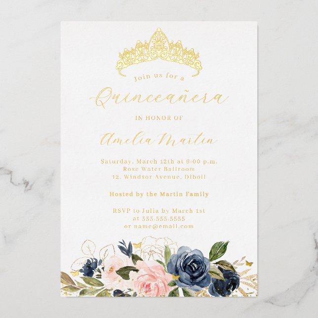 Navy Pink Blütenschmetterling Quinceanera Folieneinladung (Vorderseite)