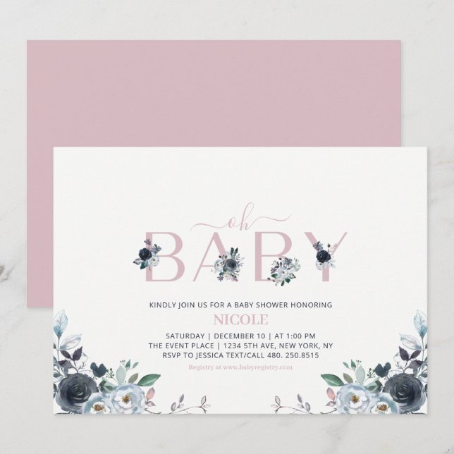 Navy & Pink Boho Floral Girl Babydusche Einladung (Vorne/Hinten)