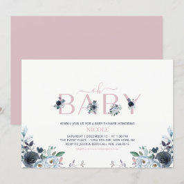 Navy & Pink Boho Floral Girl Babydusche Einladung