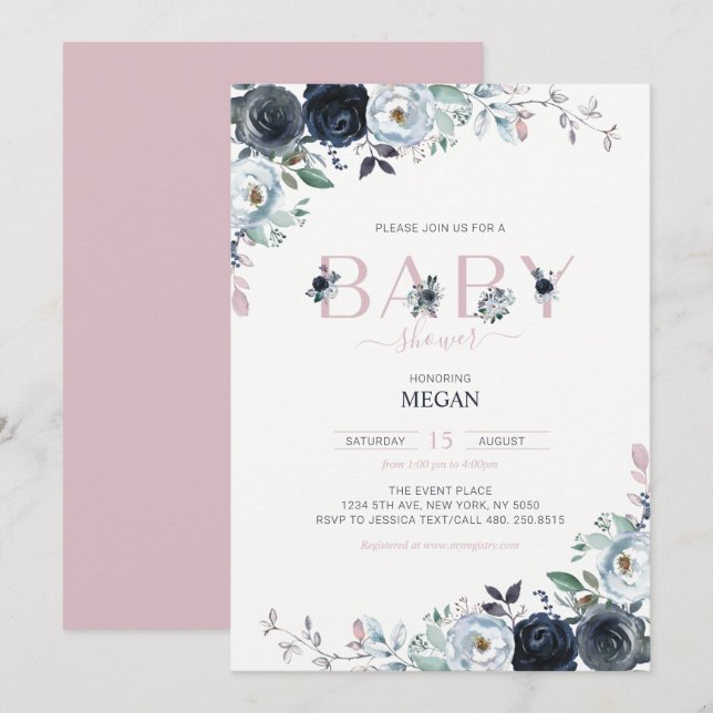 Navy & Pink Boho Floral Girl Babydusche Einladung (Vorne/Hinten)