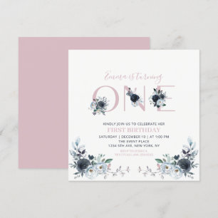 Navy & Pink Boho Floral Mädchen 1. Geburtstag Quad Einladung