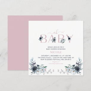 Navy & Pink Boho Floral Mädchen Baby Shower Quadra Einladung