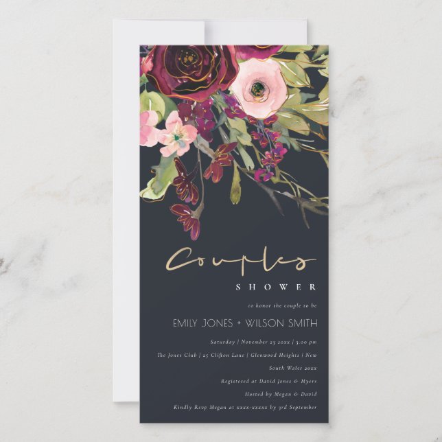 NAVY PINK BURGUNDY ROSE FLORA COUPLE SHOWITE DANKESKARTE (Vorderseite)