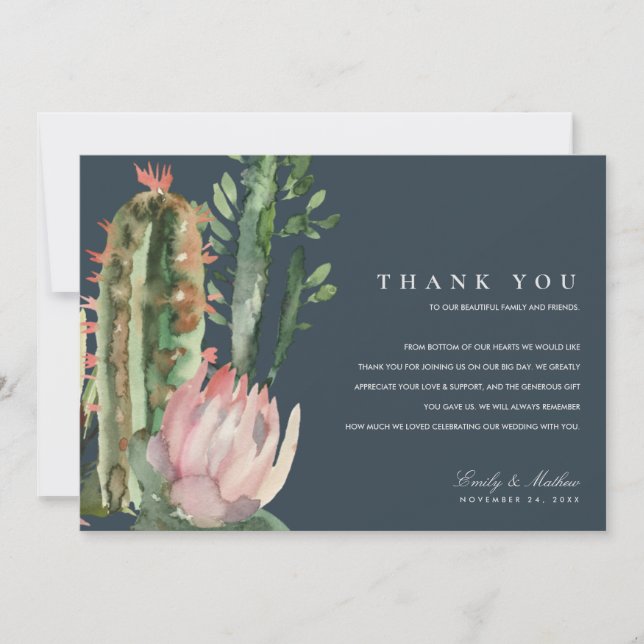 NAVY PINK DESERT CACTUS FLORAL WATERCOLOR WEDD DANKESKARTE (Vorderseite)