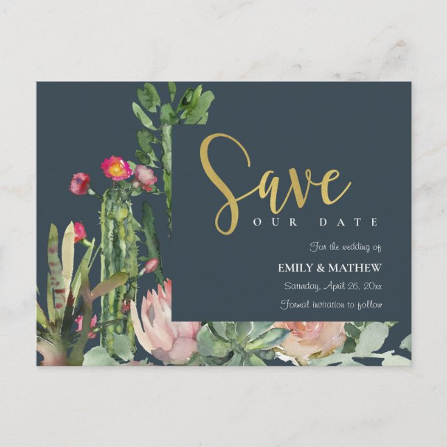 NAVY PINK FLORAL DESERT CACTI FAUNA SAVE THE DATE ANKÜNDIGUNGSPOSTKARTE (Vorderseite)