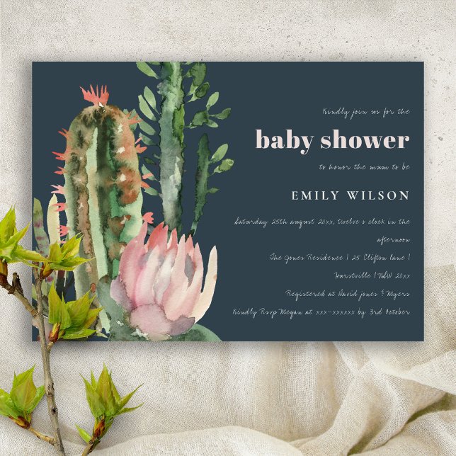 NAVY PINK FLORAL DESERT CACTI FOLIAGE BABY SHOWER EINLADUNG (Von Creator hochgeladen)