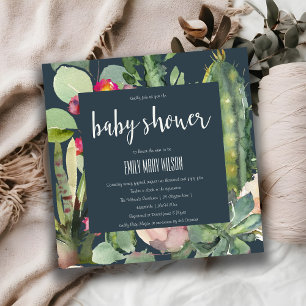 NAVY PINK FLORAL DESERT CACTI FOLIAGE BABY SHOWER EINLADUNG