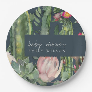 NAVY PINK FLORAL DESERT CACTI FOLIAGE BABY SHOWER PAPPTELLER
