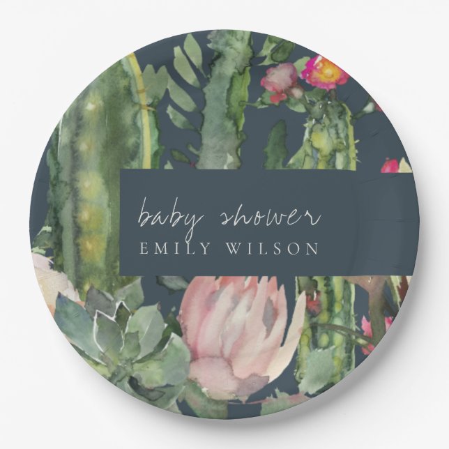 NAVY PINK FLORAL DESERT CACTI FOLIAGE BABY SHOWER PAPPTELLER (Vorderseite)