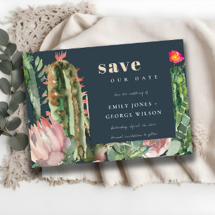NAVY PINK FLORAL DESERT CACTI FOLIAGE WATERCOLOR SAVE THE DATE