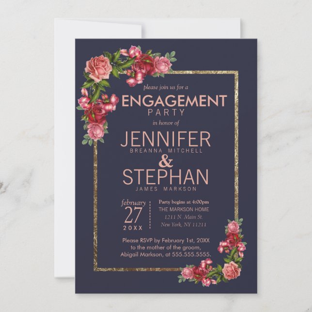 Navy Pink Floral Gold Party Einladung (Vorderseite)