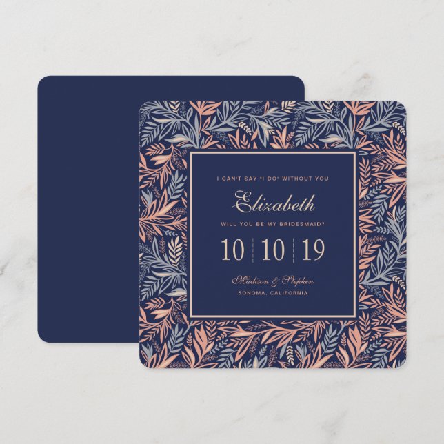 Navy & Pink Floral & Pflanze Muster - Bridesmaid Einladung (Vorne/Hinten)