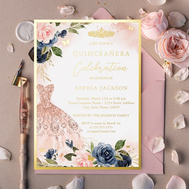 Navy Pink Floral Tiara Kleid Elegante Quinceanera Folieneinladung (Von Creator hochgeladen)