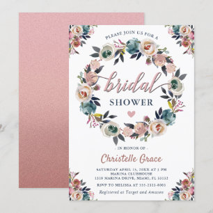 Navy Pink Floral Wreath Rose Gold Brautparty Einladung