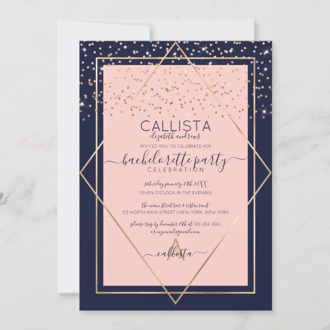 Navy Pink Gold Confetti Border Bachelorette Einladung (Vorderseite)