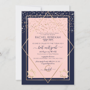 Navy Pink Gold Confetti Border Bat Mitzvah Einladung