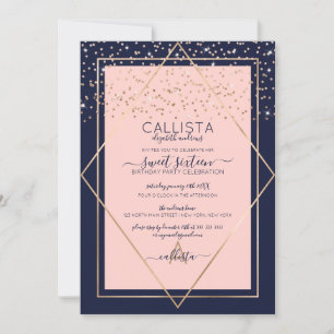 Navy Pink Gold Confetti Border Sweet 16 Einladung