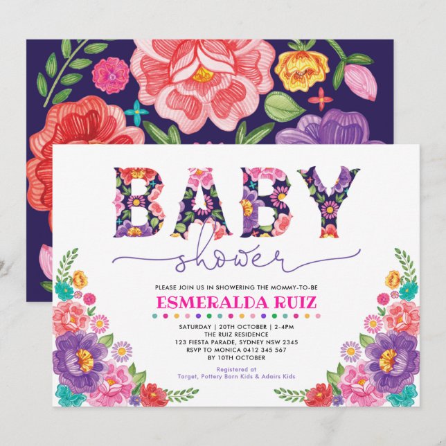 Navy Pink Mexican Fiesta Blume Babydusche Einladung (Vorne/Hinten)