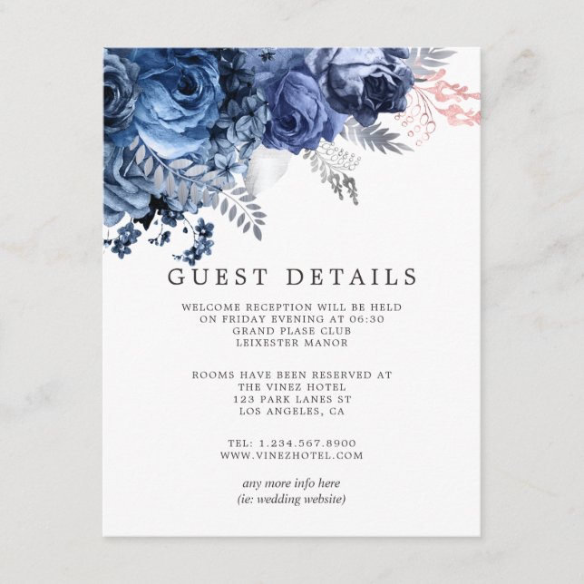 Navy & Pink mit Silver Foil Hochzeitgästen Details Begleitkarte (Vorderseite)
