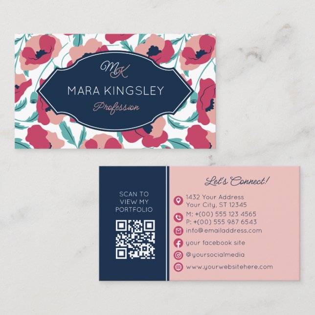 Navy Pink Modernes Mohnmuster Monogramm Visitenkarte (Vorne/Hinten)