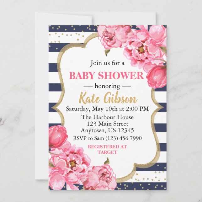Navy & Pink Peony Floral Baby Dusche Einladung (Vorderseite)