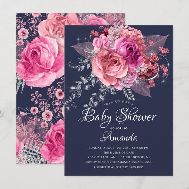 Navy Pink & Silver Floral Baby Dusche Einladung (Vorne/Hinten)