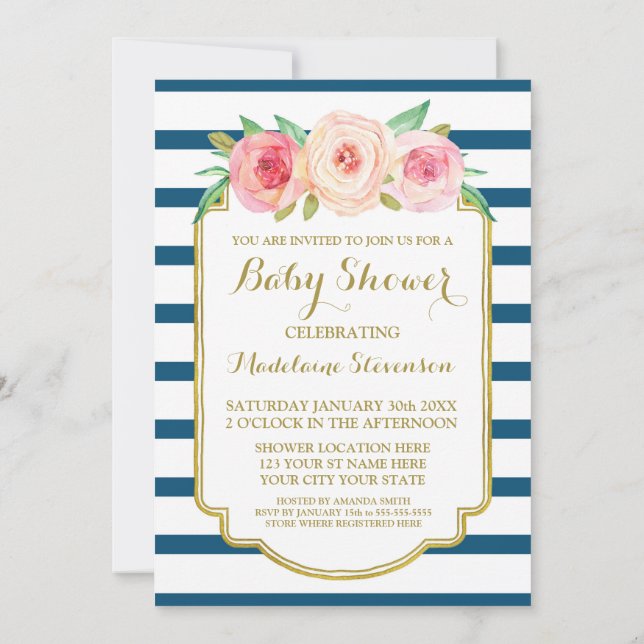 Navy Pink Watercolor Floral Stripes Baby Dusche Einladung (Rückseite)