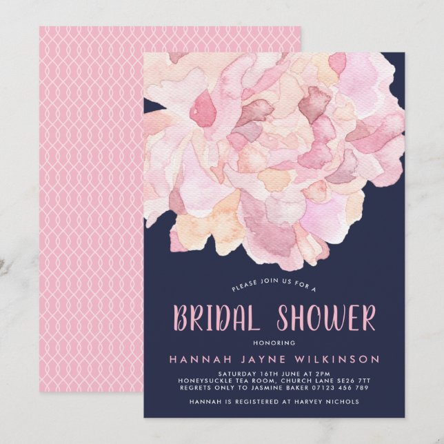 Navy & Pink Watercolor Peony Brautparty Einladung (Vorne/Hinten)