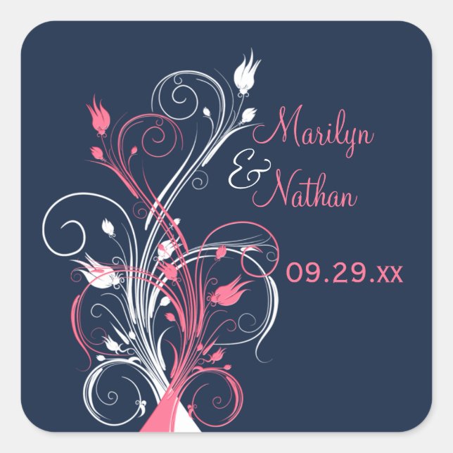 Navy Pink White Floral 1,5" Hochzeitsaufkleber Quadratischer Aufkleber (Vorderseite)