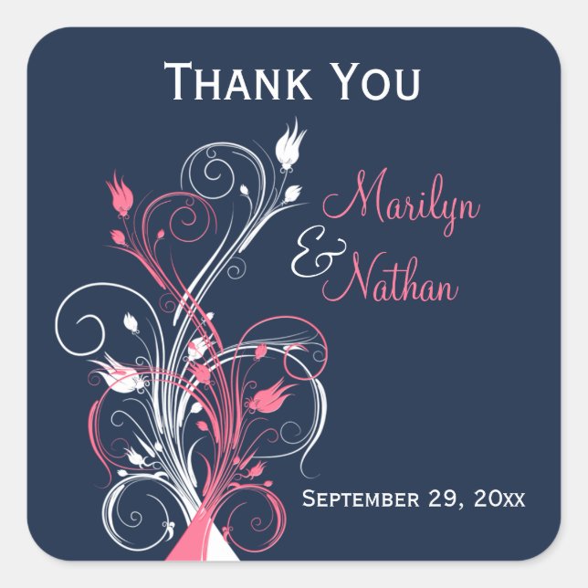 Navy Pink White Floral 1,5" Hochzeitsaufkleber Quadratischer Aufkleber (Vorderseite)