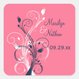 Navy Pink White Floral 1,5" Hochzeitsaufkleber Quadratischer Aufkleber