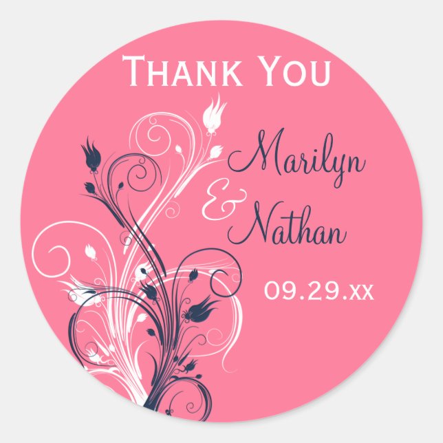 Navy Pink White Floral 1,5" Hochzeitsaufkleber Runder Aufkleber (Vorderseite)