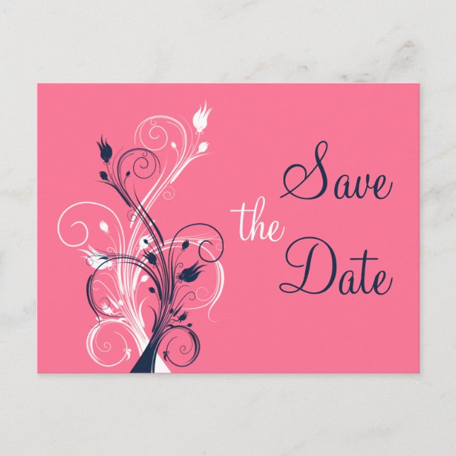 Navy Pink White Floral Save the Date Post Card Ankündigungspostkarte (Vorderseite)