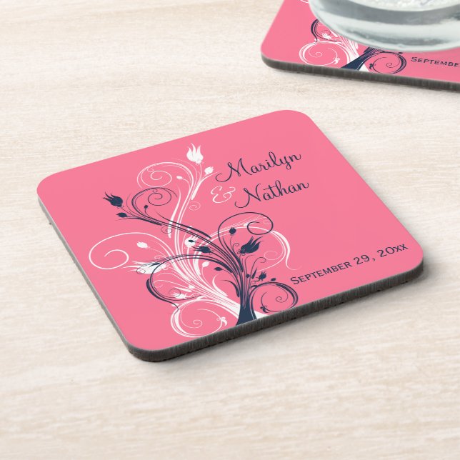 Navy Pink White Floral Wedding Untersetzer Set (6) (Linke Seite)