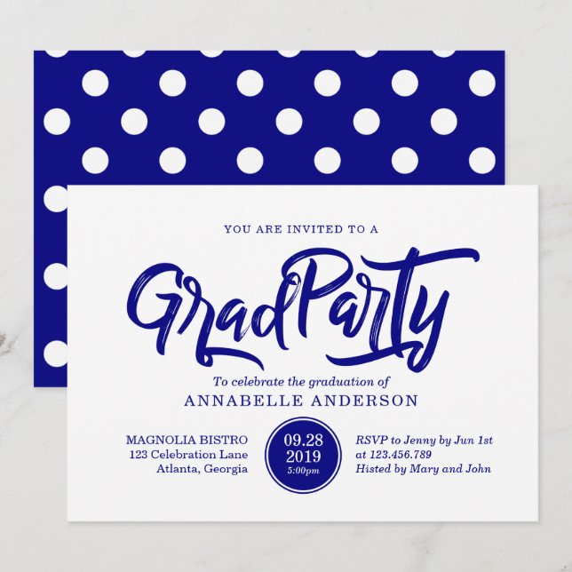 Navy-Pinseltypografie-Polka-Dots-Graduierungsparty Einladung (Vorne/Hinten)