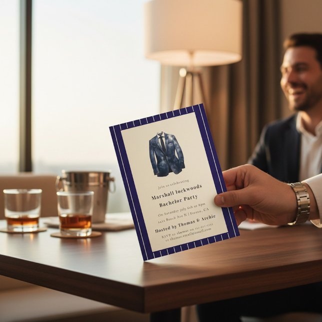 Navy Pinstripe Suit Bachelor Party Invitation Einladung (Von Creator hochgeladen)