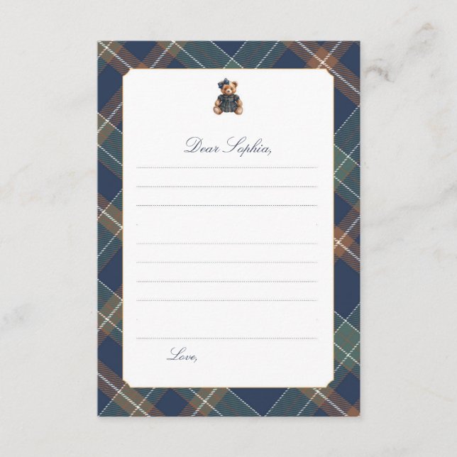Navy Plaid Teddy Bear Girl Time Capsule Card Einladung (Vorderseite)
