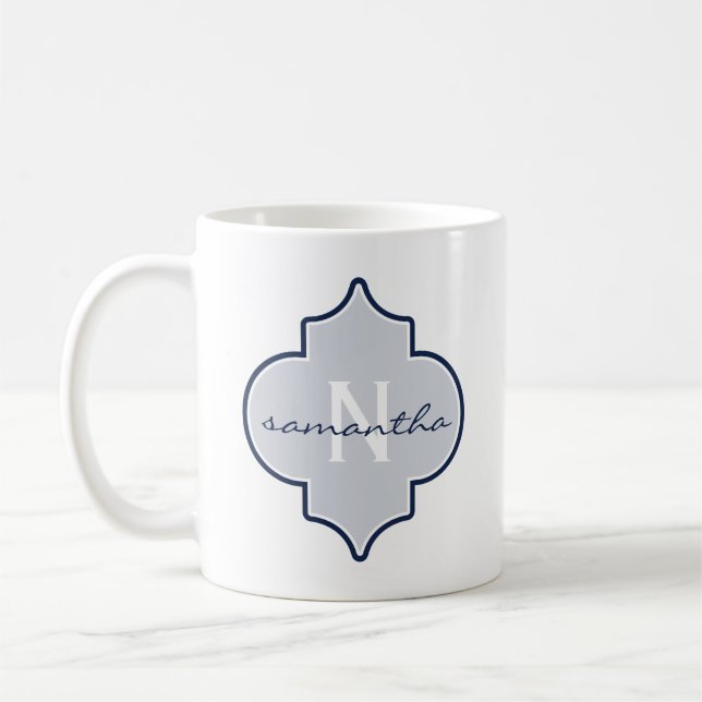Navy Quatrefoil Monogramm Kaffeetasse (Links)