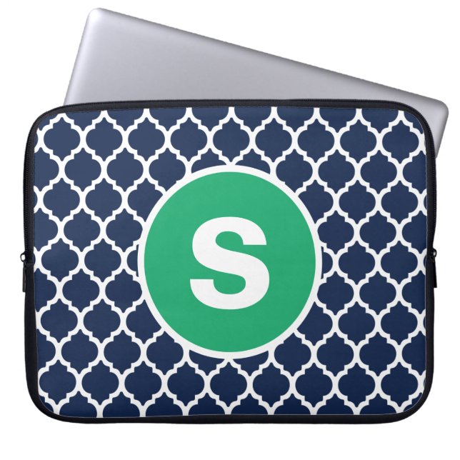 Navy Quatrefoil Monogramm Laptopschutzhülle (Vorderseite)