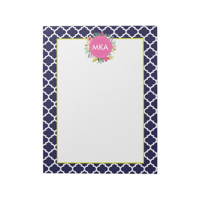 Navy Quatrefoil Personalisierter Notepad Notizblock (Rotiert)
