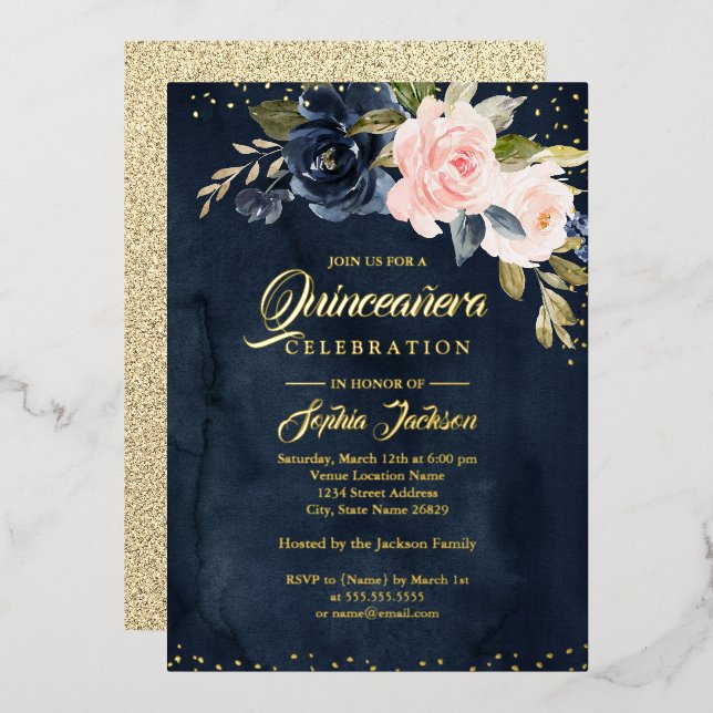 NAVY REAL GOLD FOIL Blush Pink Floral Quinceanera Folieneinladung (Vorderseite/Rückseite)