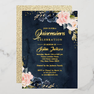 Navy REAL GOLD FOIL Rosa Blumenstraube Folieneinladung
