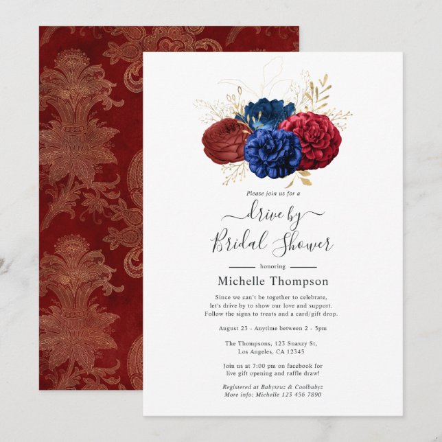 Navy, Red and Gold Floral Drive By Shower Einladung (Vorne/Hinten)