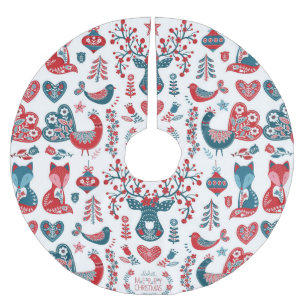 Navy & Red Christmas Scandinavian Folk Art Design Polyester Weihnachtsbaumdecke