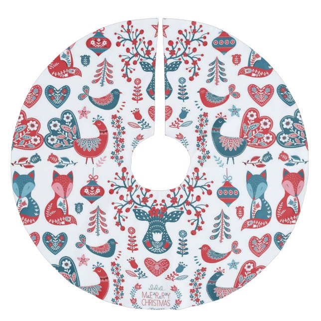 Navy & Red Christmas Scandinavian Folk Art Design Polyester Weihnachtsbaumdecke (Vorderseite)